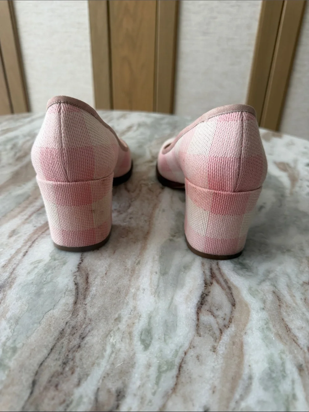 Mansur Gavriel Pink and Cream Plaid Block Heel Pumps